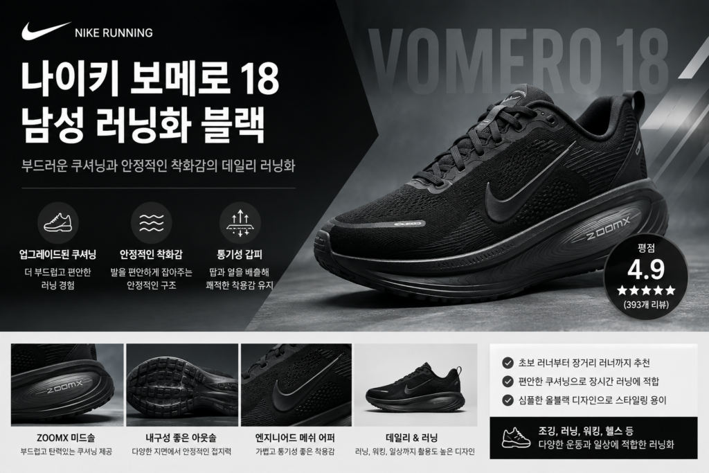 나이키 운동화 보메로 18 블랙 런닝화 러닝화 리뷰,          쿠셔닝부터  출근, 러닝 활용도까지 살펴보기 제품 이미지