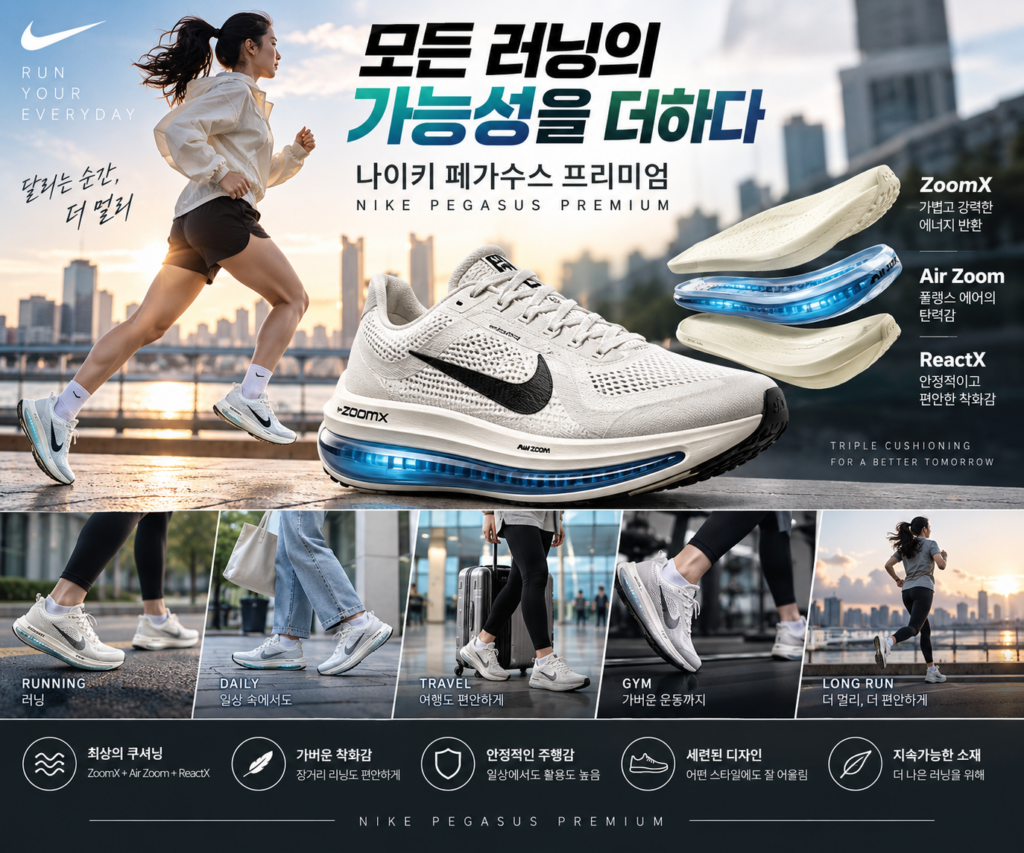 나이키 페가수스 프리미엄 여성 러닝화｜ZoomX·Air Zoom·ReactX 3중 쿠셔닝 장점 총정리 제품 이미지