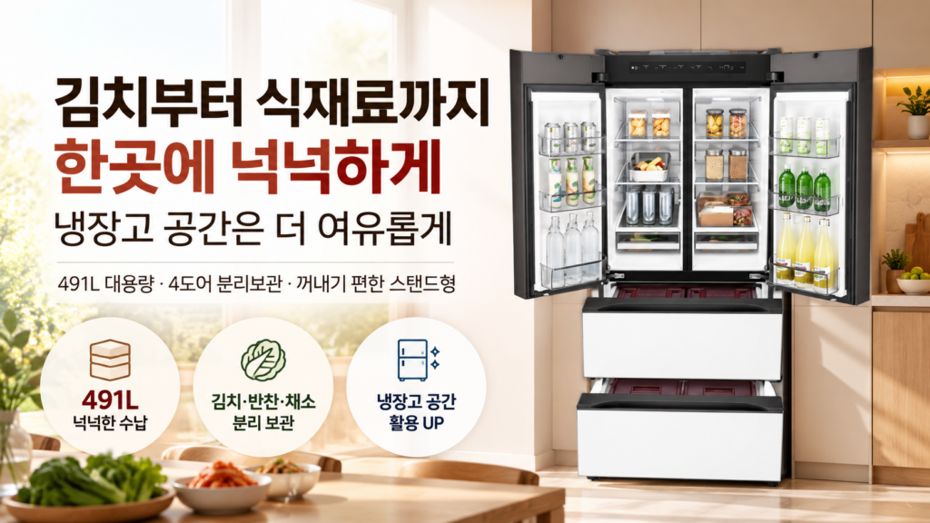 LG 김치냉장고 4도어  스탠드형 디오스 AI 오브제컬렉션 Z495MWW212 김치톡톡 491L,  대용량 김장김치냉장고 제품 이미지